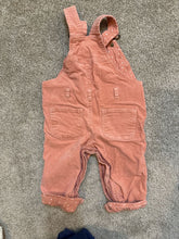 Load image into Gallery viewer, Dotty Dungarees Pink corduroy overalls with polkadot inside 12 Months
