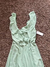 Load image into Gallery viewer, NWT mint green wrap dress maxi formal NWT MINT GREEN TRUE WRAP MAXI FORMAL DRESS ruffle neckline Women's 12
