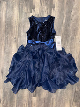 Load image into Gallery viewer, Rare Editions midnight magic size 6 dress  NWT Velvet sequin top. Satin belt. Ruffle bottom w lining underneath. 6
