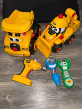Load image into Gallery viewer, CAT buildin crew bundle w dump truck &amp; bulldozer Talking Ronnie wrench, Sammie socket. Motorized drill. Building
