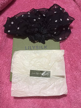 Load image into Gallery viewer, LilySilk black w/white polka dots hair scrunchie BNIB black silk hair scrunchie drapes over hair very beautiful
