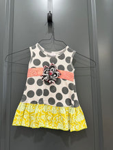 Load image into Gallery viewer, Giggle Moon Grey and white pattern dress with flower, and pink/yellow details 24 Months
