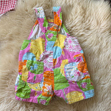 Load image into Gallery viewer, Vintage Lilly Pulitzer patterned shortalls Tagged 6mo, EUC., has snap closure diaper access 6 Months

