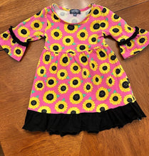 Load image into Gallery viewer, Simply Southern Sunflower Dress Pink w/Sunflowers &amp; Black Trim 2T
