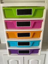 Load image into Gallery viewer, 5 drawer storage with labels on front 5 drawers H 20.5 inches W14.5 inches. Like new condition
