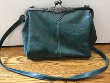 Load image into Gallery viewer, Dark Green  10 X 12 Jeweled Snap Closure Purse Dark Green Purse With Zip Pocket &amp; 2 Pickets Purse

